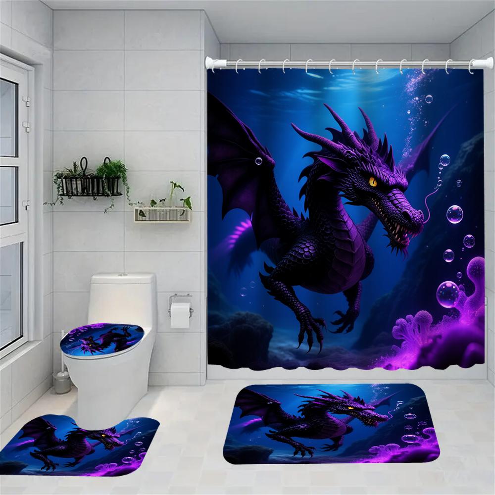1/4 Double Dragon Head Print Shower Curtains, Toilet Seat Decoration, Shower Curtain with Carpet and Toilet Lid, 70.8x70.8 Inch