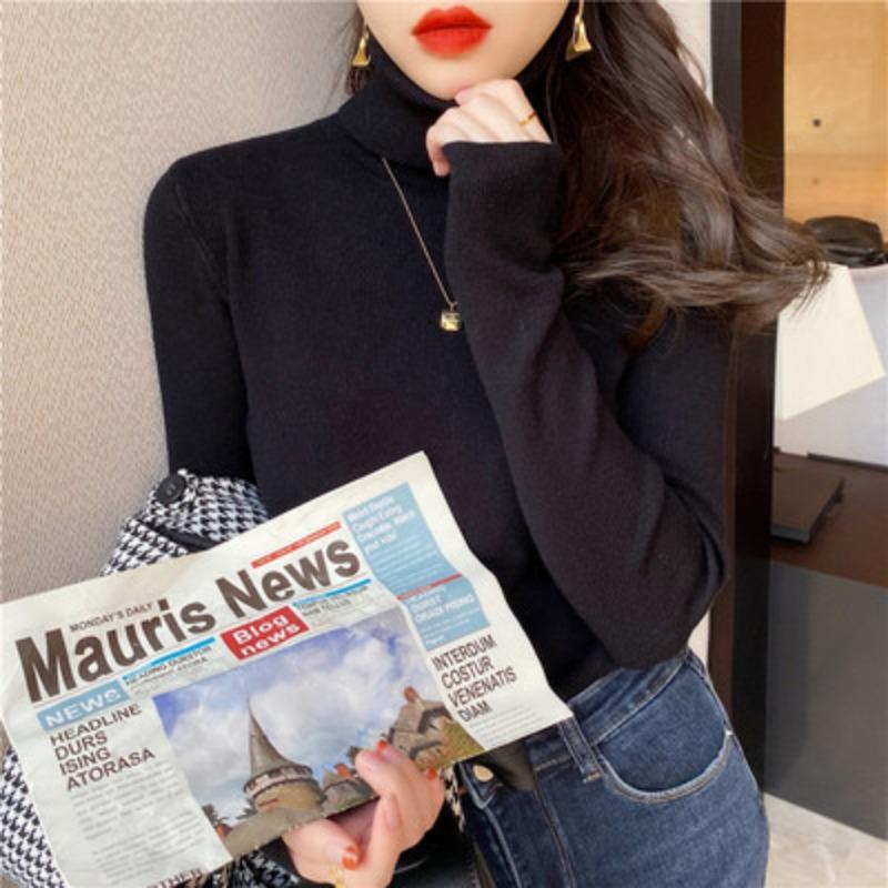 Women's Autumn Winter Pile Collar Sweater Inner Wear Wool High Neck Thickened Warm Slim-Fit Long Sleeve Knitwear