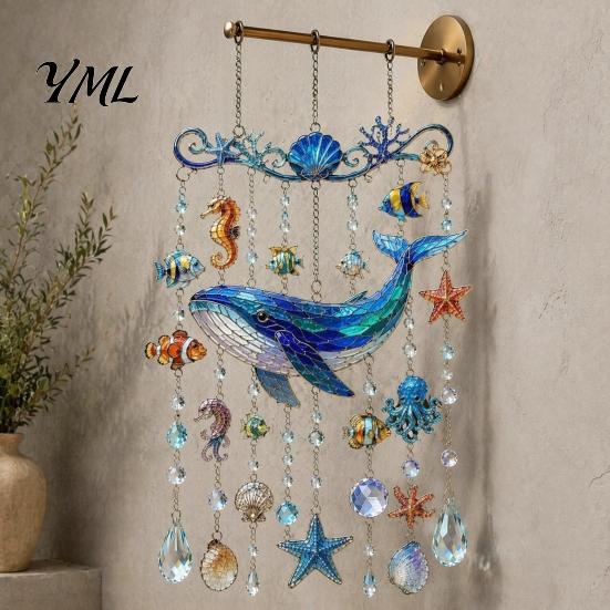 Stained Glass Acrylic Ornament Ocean-Themed Wind Chime Decoration, Animal Hanging Sun Catcher with Faux Crystal Drops, Beach House Wall Ornaments for