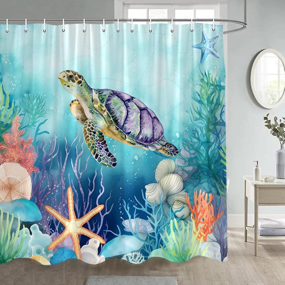 Sea Turtle Shower Curtains Watercolour Ocean Animals Fish Coral Water Plants Underwater Scenery Home Bathroom Curtain Decor Set