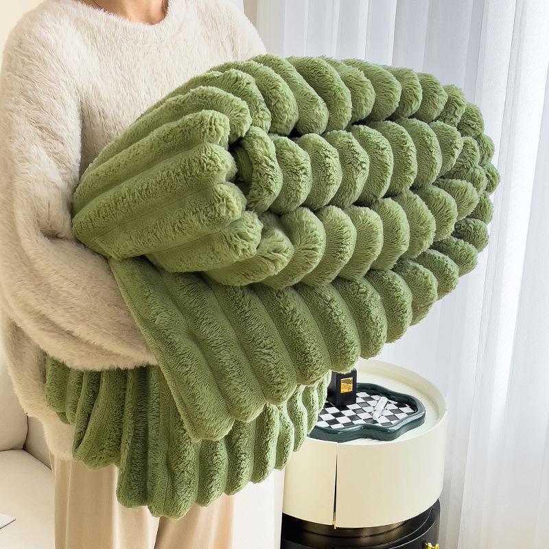 Winter Thickened Warm Ribbed Rabbit Fleece Blanket Coral Fleece Office Nap Throw Sofa Cover Cozy Essential