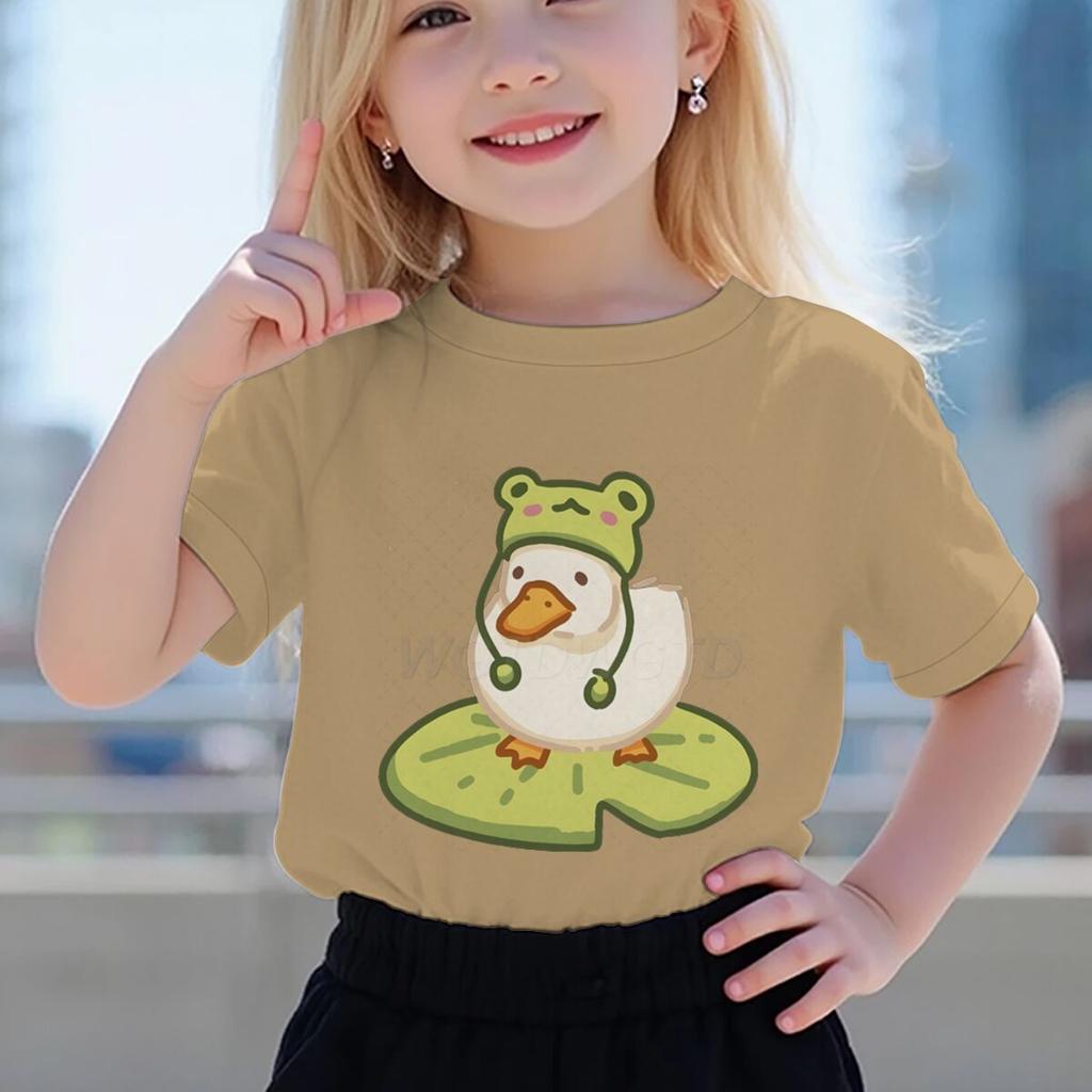 Duck In Frog Hat Cartoon Tshirts for Girl Boy Cute Duck Graphic Casual Tops Kawaii Animal Tee Cute Duck Design Toddler Wear