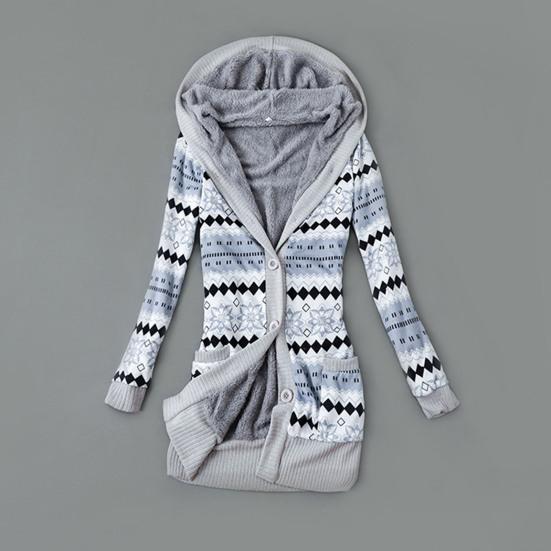 Striped Print Long Sleeve Sweater Coat Autumn Winter Buttons Closure Hooded Plush Lining Sweater Cardigan Outerwear