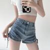 Bekväma Skinny Moderiktiga och Mångsidiga Tunna Jeansshorts Dam Knyt Snörning Vikning Designkänsla Hög Midja Elastiska Tunna Smala Raka Byxor Sommar