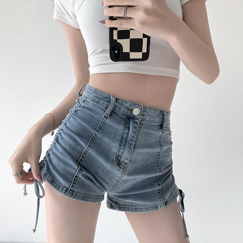 Bekväma Skinny Moderiktiga och Mångsidiga Tunna Jeansshorts Dam Knyt Snörning Vikning Designkänsla Hög Midja Elastiska Tunna Smala Raka Byxor Sommar