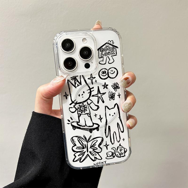 Étui de chargement sans fil Cool Chat Graffiti pour iPhone 17 Air 16 E 15 14 Plus 13 12 Mini 11 Pro Max Coque de protection transparente avec bordure en silicone