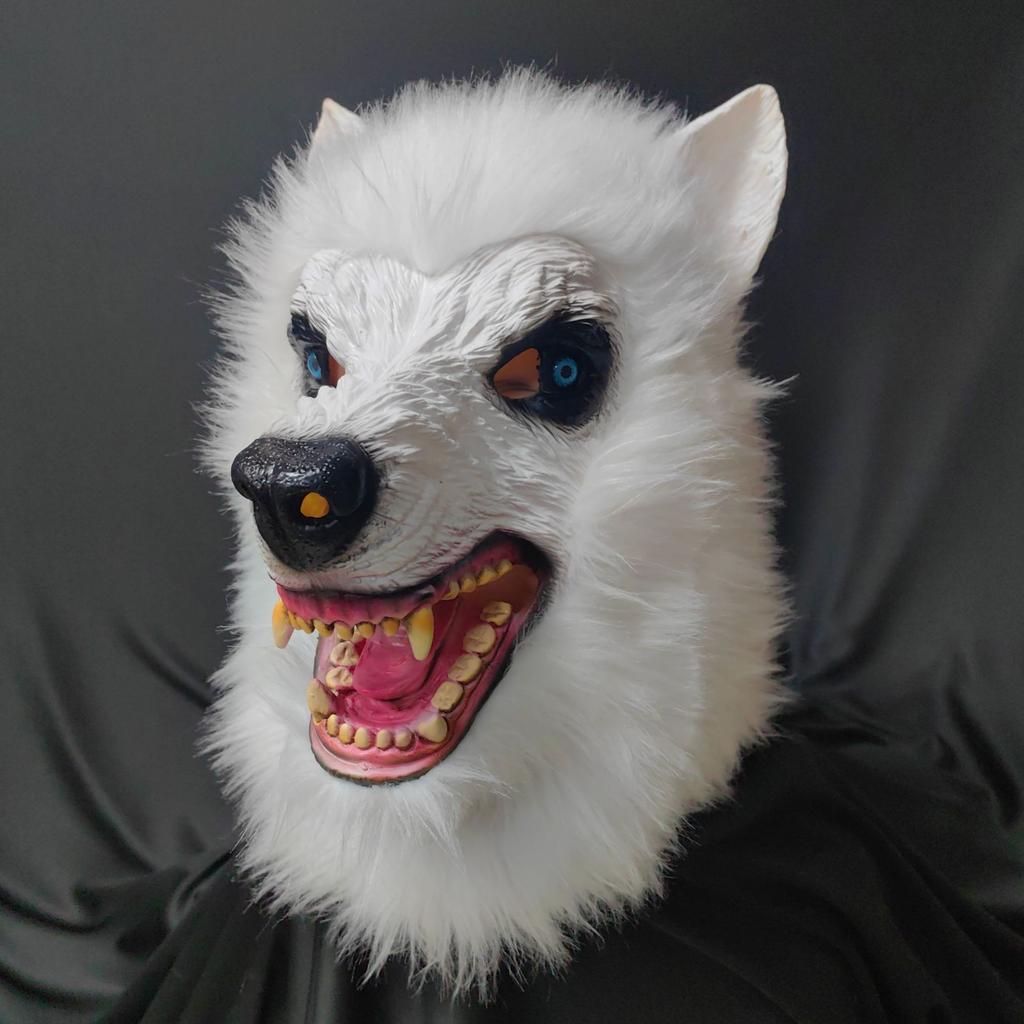 New White Wolf Mask Halloween Horror Latex Plush Animal Head Mask Party Werewolf Headgear Prop