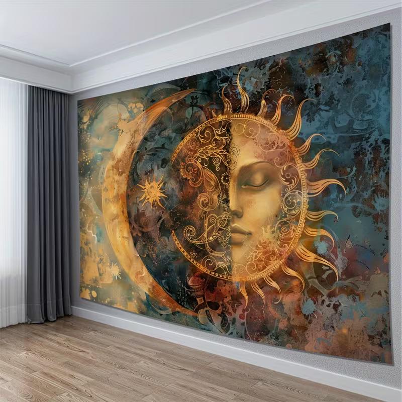 2D Boho Sun Moon Face Wall Tapestry, Mystical Astrology Art Wall Hanging for Home Decoration