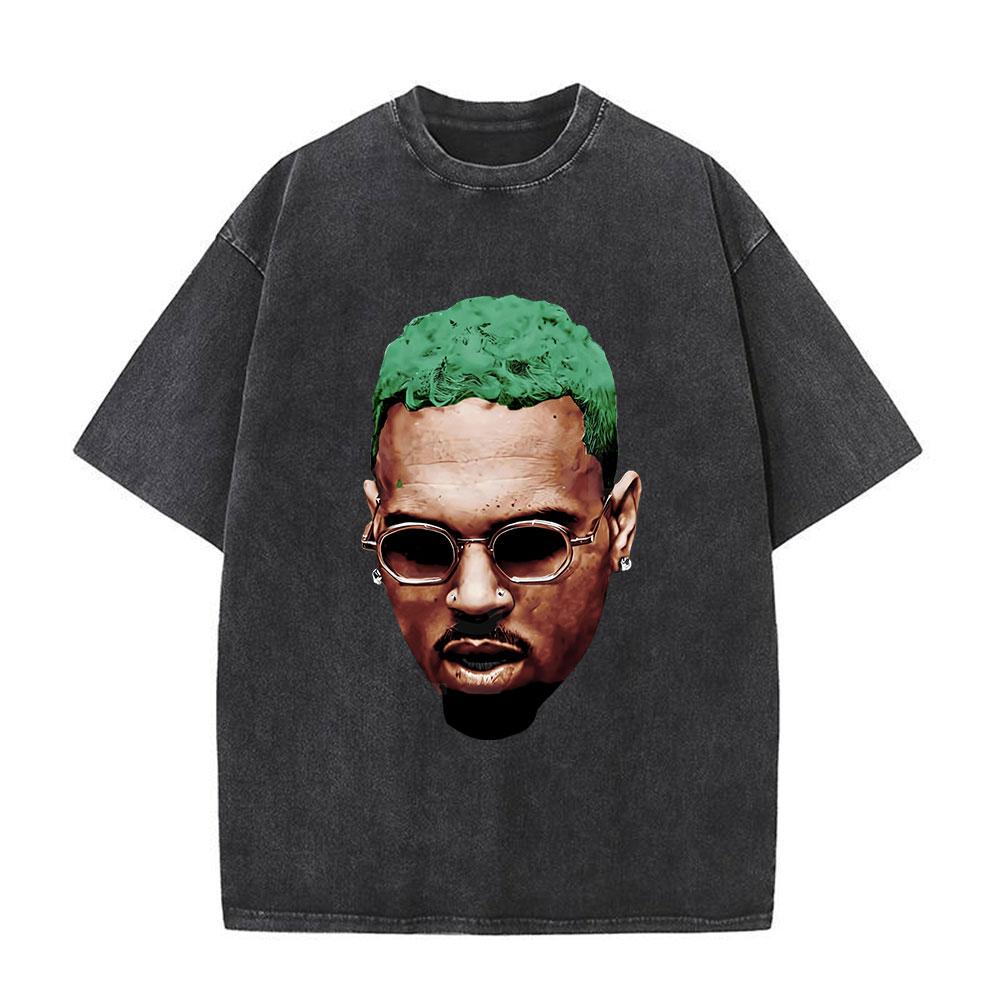 Rapper Chris Brown Breezy Big Face Graphic Vintage Washed TShirts Men Women Harajuku ONeck Cotton Casual Short Sleeve T Shirts