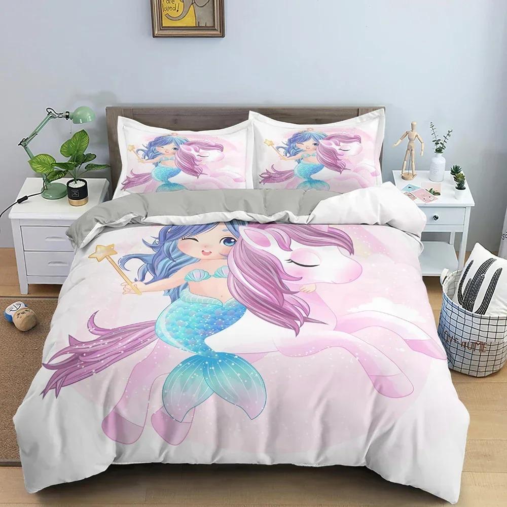 Set Biancheria da Letto Sirenetta Per Bambine Carino Cartone Animato Copripiumino Coperture Piumino Camera da Letto Bambini Matrimoniale Queen Size Tessile per la Casa 2/3 Pezzi