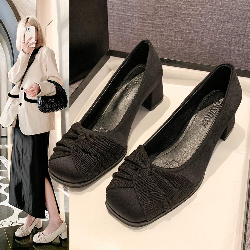 Fashion 2024 New Autumn Fashion French Women's Thick Heel Square Toe Slip-On Ribbon Bow Decorated Women's Solid Color Elegant High Heels