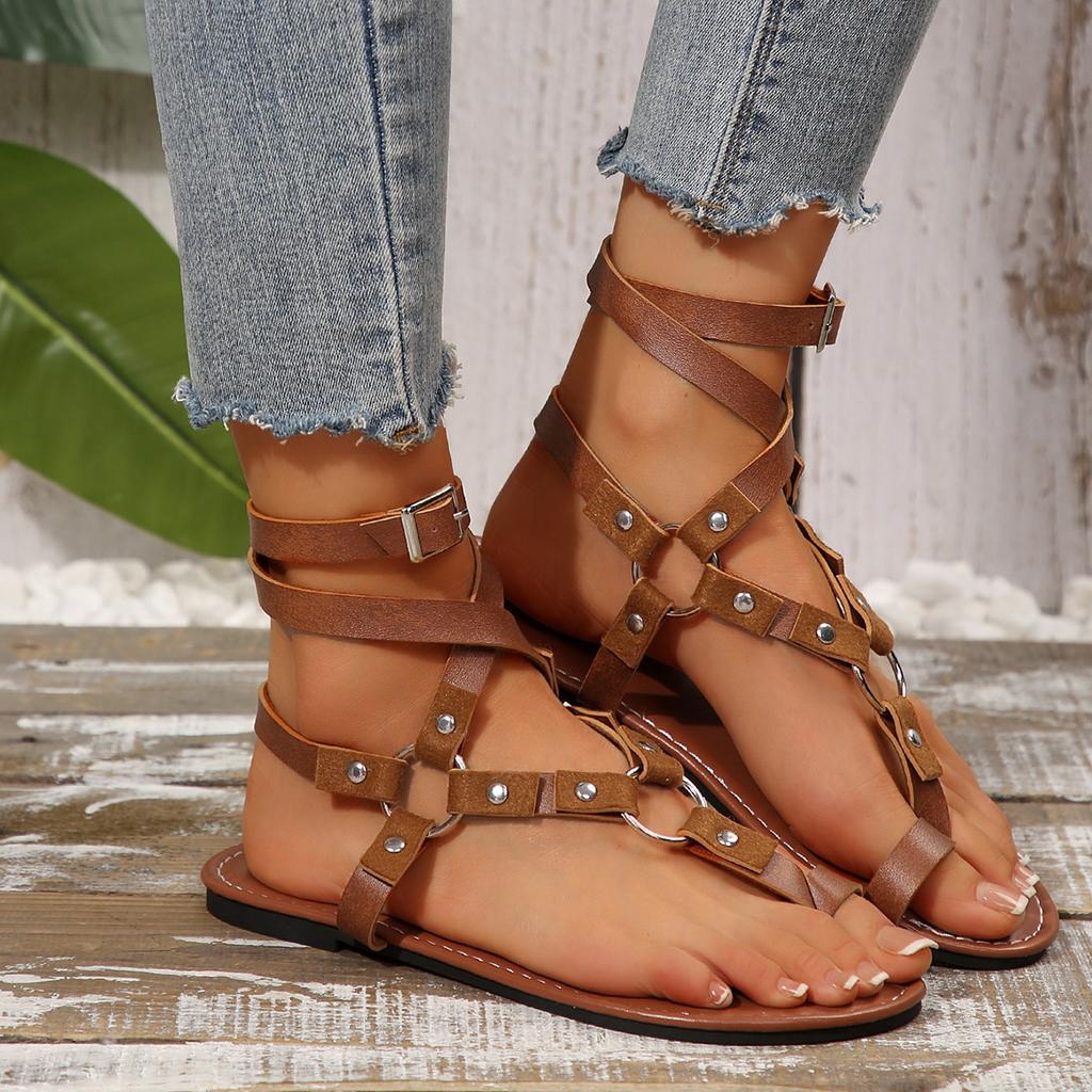 Rome Women Shoes Summer Women's Sandals Retro Ankle Buckle Rivet Flat Sandals British Style Plus Size Lady Shoes