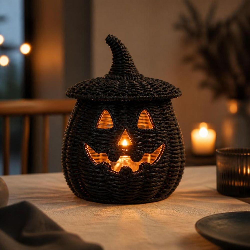 Woven Texture Halloween Pumpkin Statue Vintage Pumpkin Candle Holder Desk Display