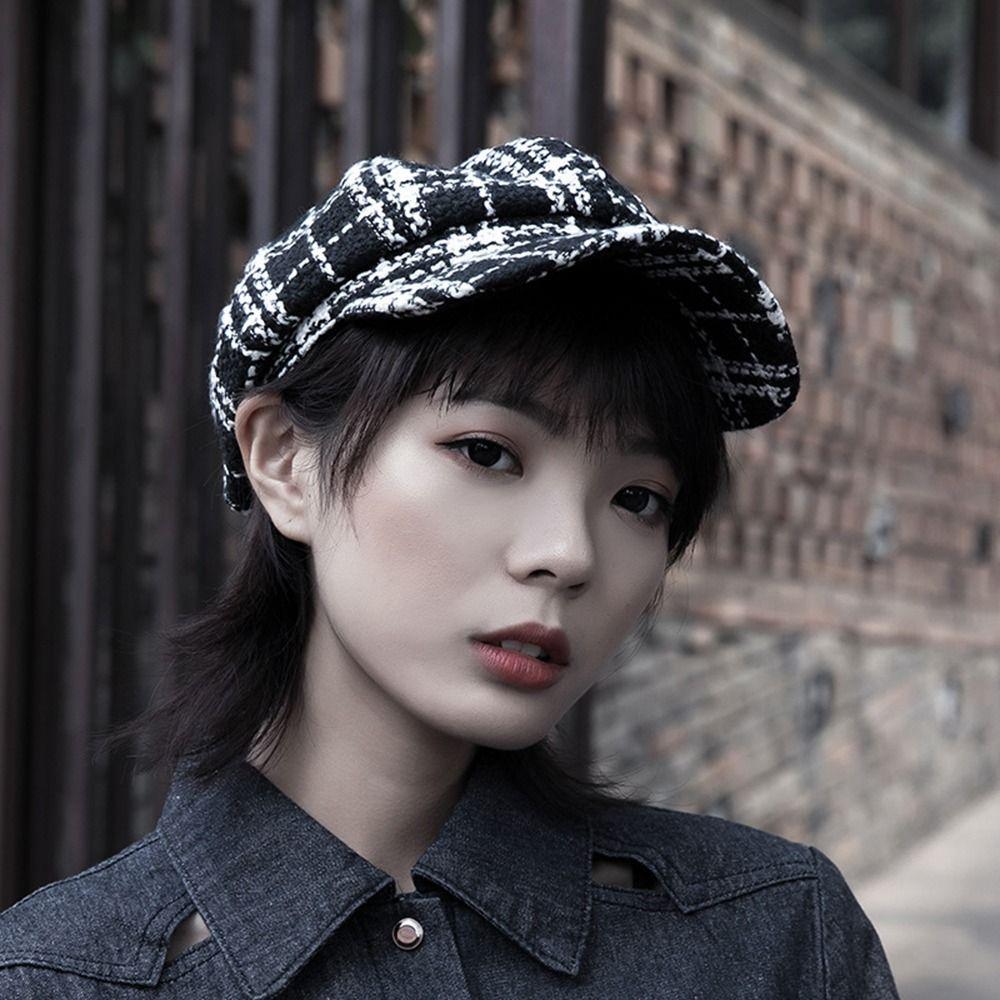 Korean Style Artist Hat Keep Warm For Girls Plaid Beret Women Visors Cap Octagonal Cap Painter Hat