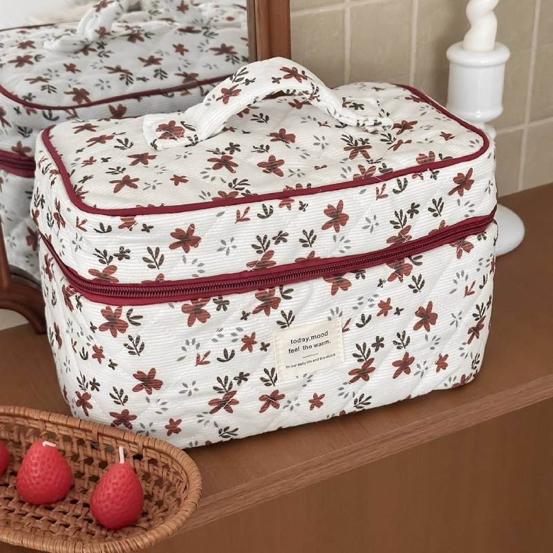 Borsa da Trucco Floreale in Velluto a Coste ad Alta Capacità per Viaggi Quotidiani e Conservazione