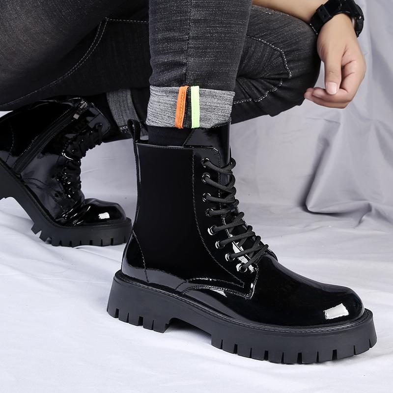 Fashion British Style Mens Boots Black Luxury Fashion Shoes Party Nightclub Patent Leather Boot Cowboy Platform High Motorcycle Botas