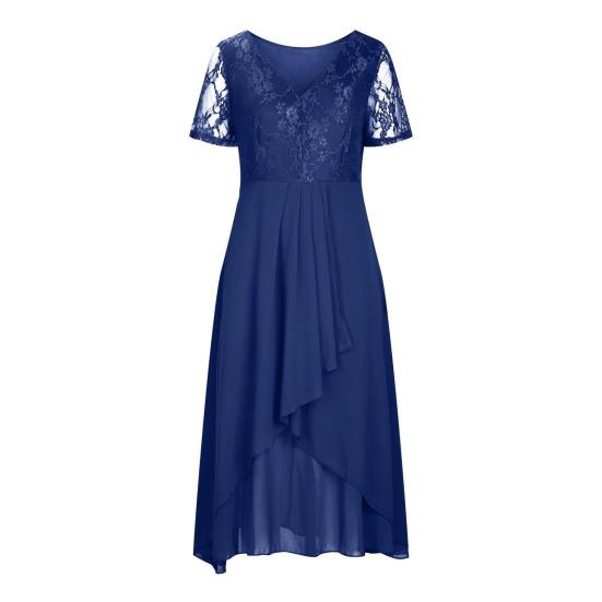 Women's V-Neck Floral Lace Chiffon Dress Short Sleeve Bridesmaid Formal Long Dress Flowy A-line Prom Cocktail Party Dress