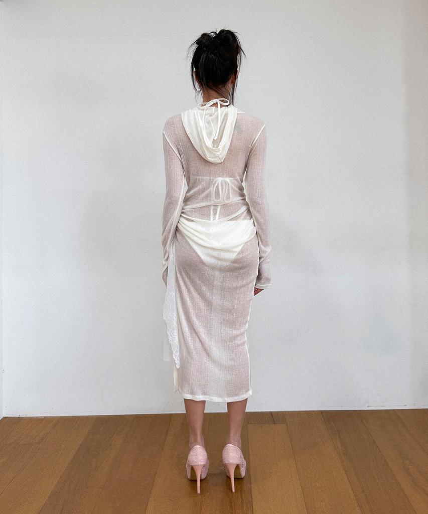 Binaj Lace Shirring Mix Hooded See-Through Dress (White)