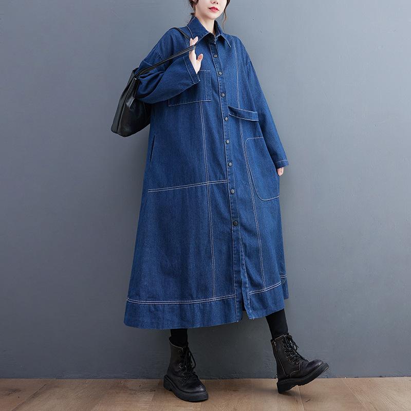 Dam Långärmad Jeansrock Vändkrage Vintage Lös Passform Trenchcoat
