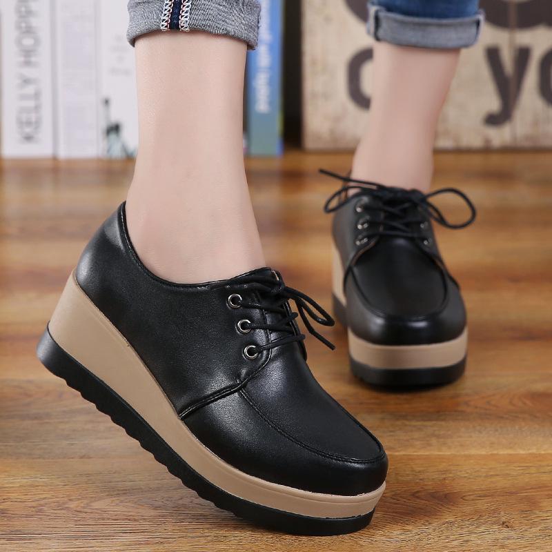 Autumn and Winter New Velvet Versatile British Small Leather Shoes Platform Muffin Sole Lace-up Student Single Shoes Casual Shoes