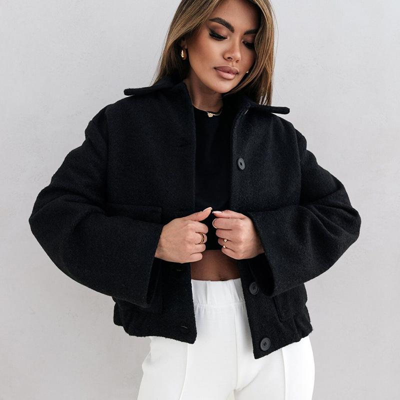 Women Winter Warm Long Sleeve Lapel Big Pocket Solid Color Woolen Jacket Coat Outerwear