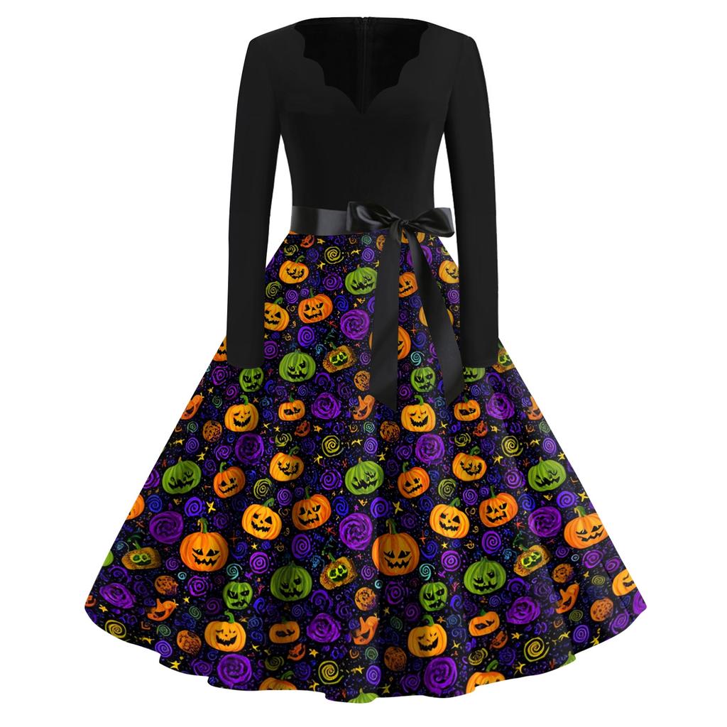 Dam Casual Vintage V-ringad Klänning Halloween-tryck Långärmad Retro Fit and Flare Klänning med Midjeband för Vardagsbruk