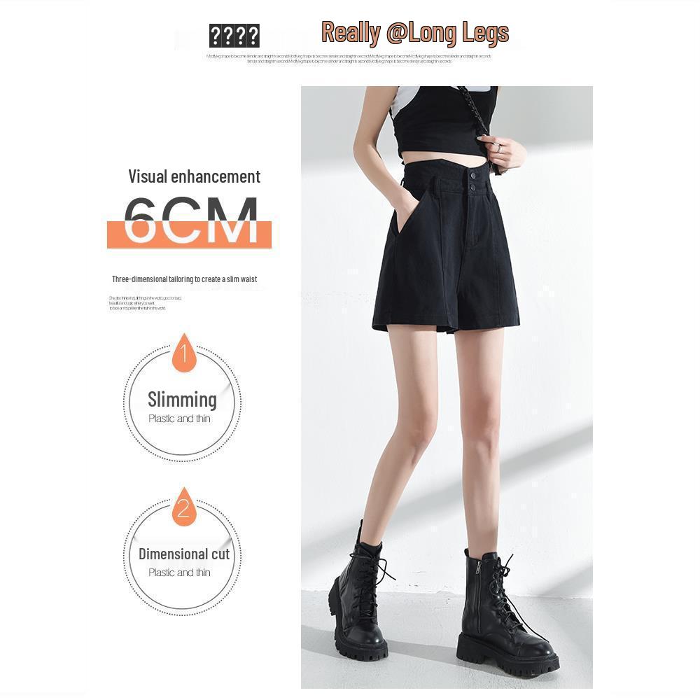 Women's Black Denim High-Waist A-Line Shorts - Spring 2026, Slimming, Plus Size, Trendy, Loose Fit.