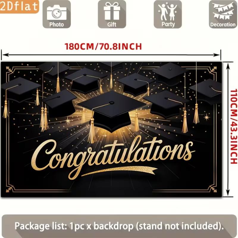 2D Graduation Photography Backdrop Black Background with Gold Caps and Confetti