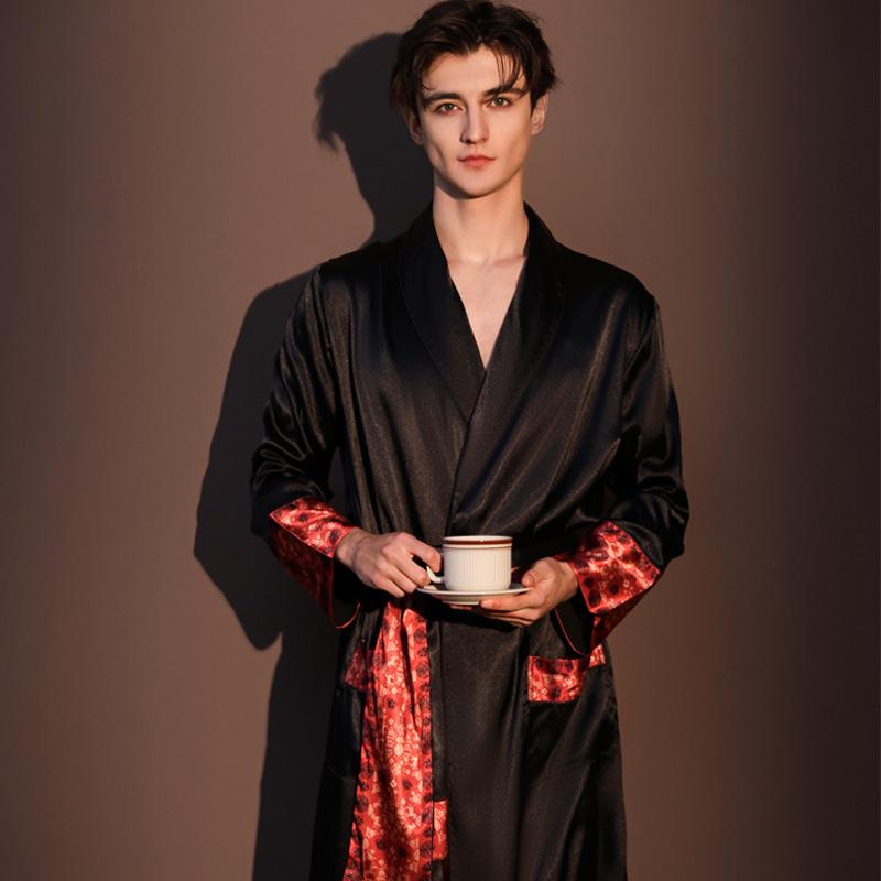 Men's Spring & Autumn Long Sleeve Ice Silk Pajama Robe - Mid-Length, High-End Feel