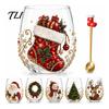Christmas Glass Cups Set Art Cup with Spoon, Classic Santa Reindeer Snowman Sparkling for Cocktails Design Tumbler, Holiday Glassware Coffee