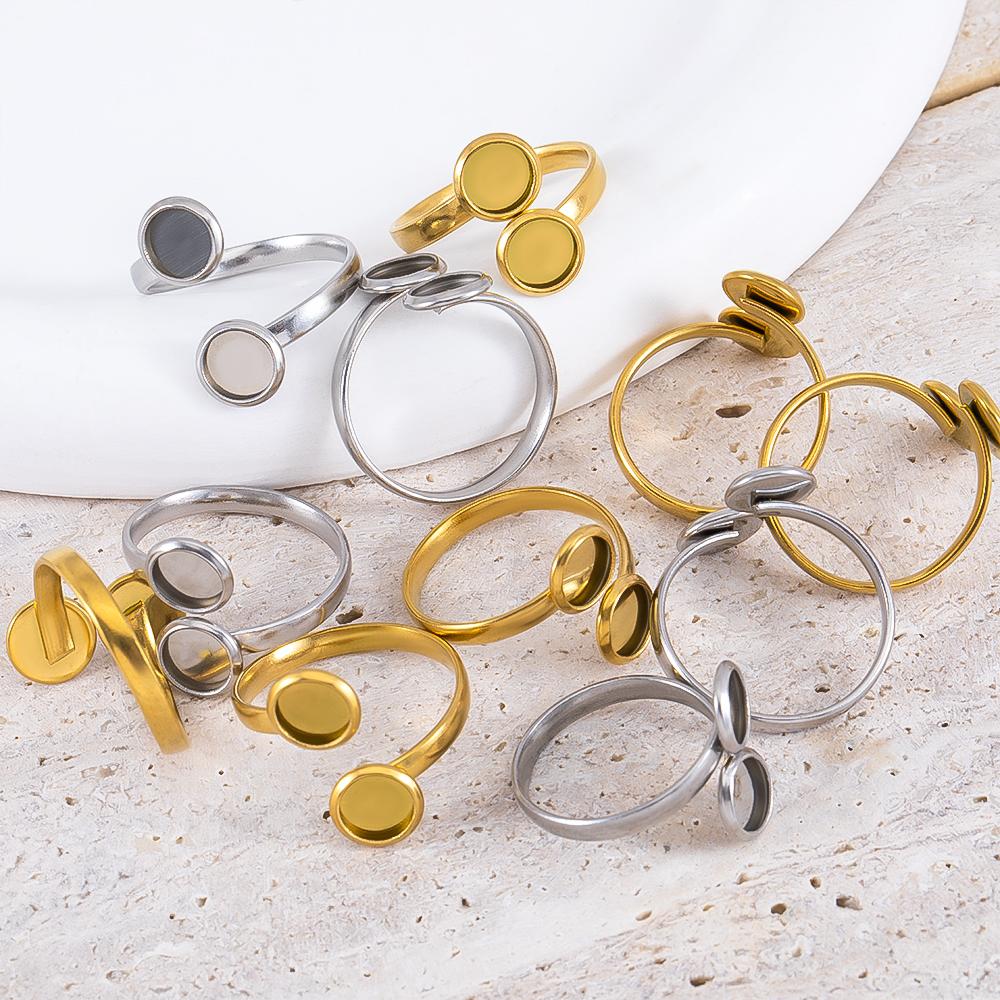 5pcs Stainless Steel Adjustable Double Bezel Rings Base Gold Plated Fit 6mm Cabochon Ring Setting Blanks Diy Jewelry Accessories