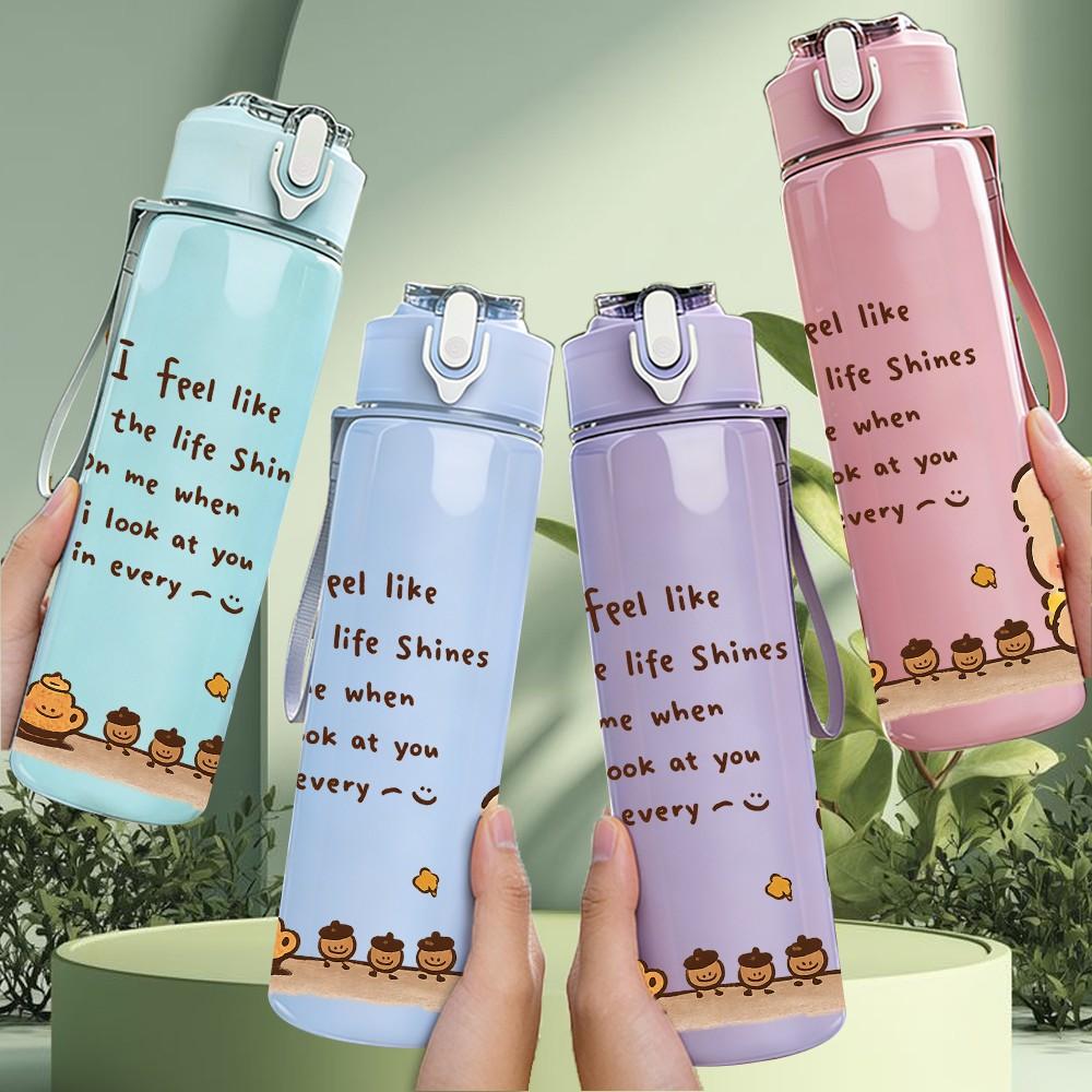 1PC Bear Bread Quote Cute Print 750ml Color Plastic Sports Water Bottle Leakproof Flip Straw Lid Suitable for Sports Office Home Use