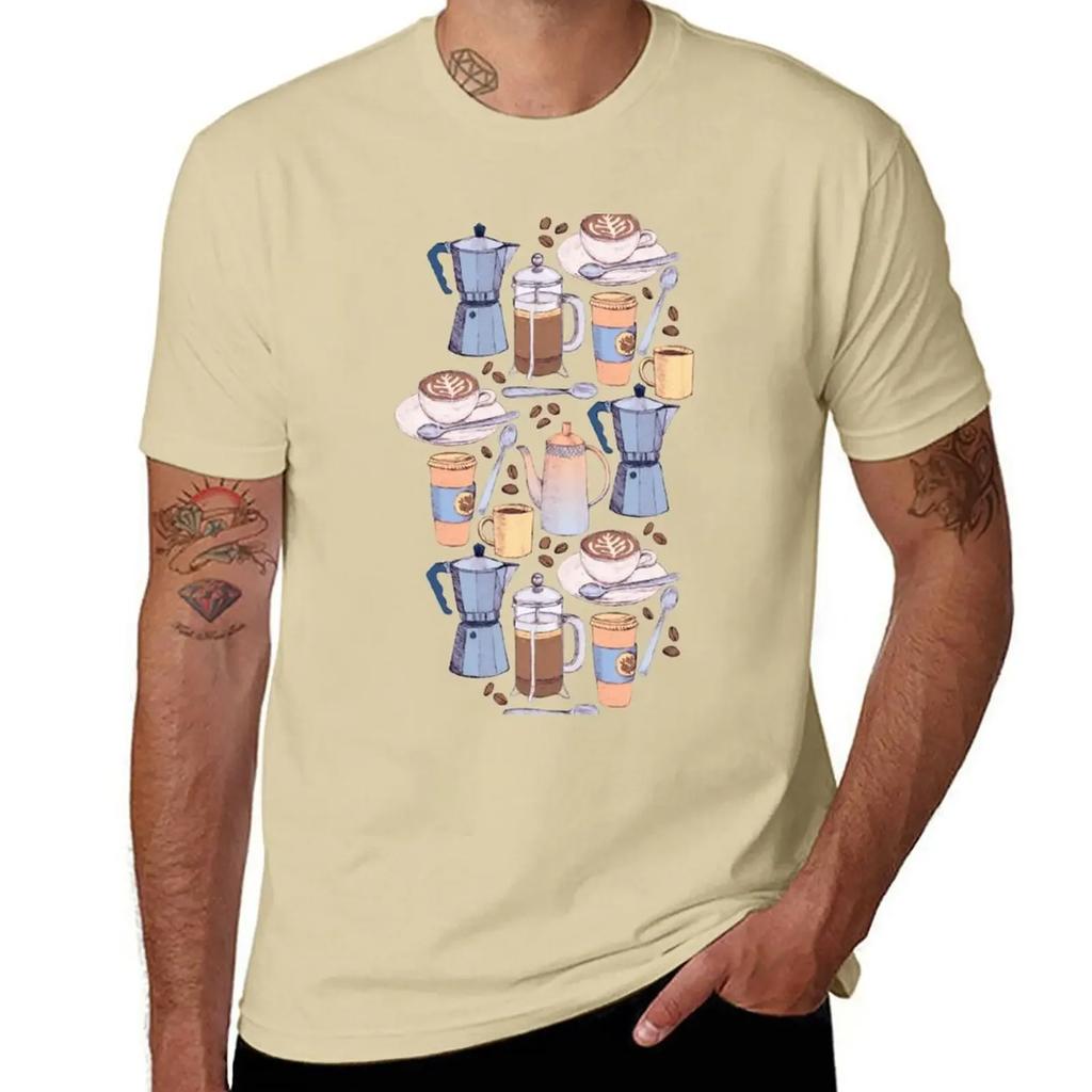 Coffee Love On Blue T-Shirt Vintage Blanks Heavy Weight T Shirts for Men