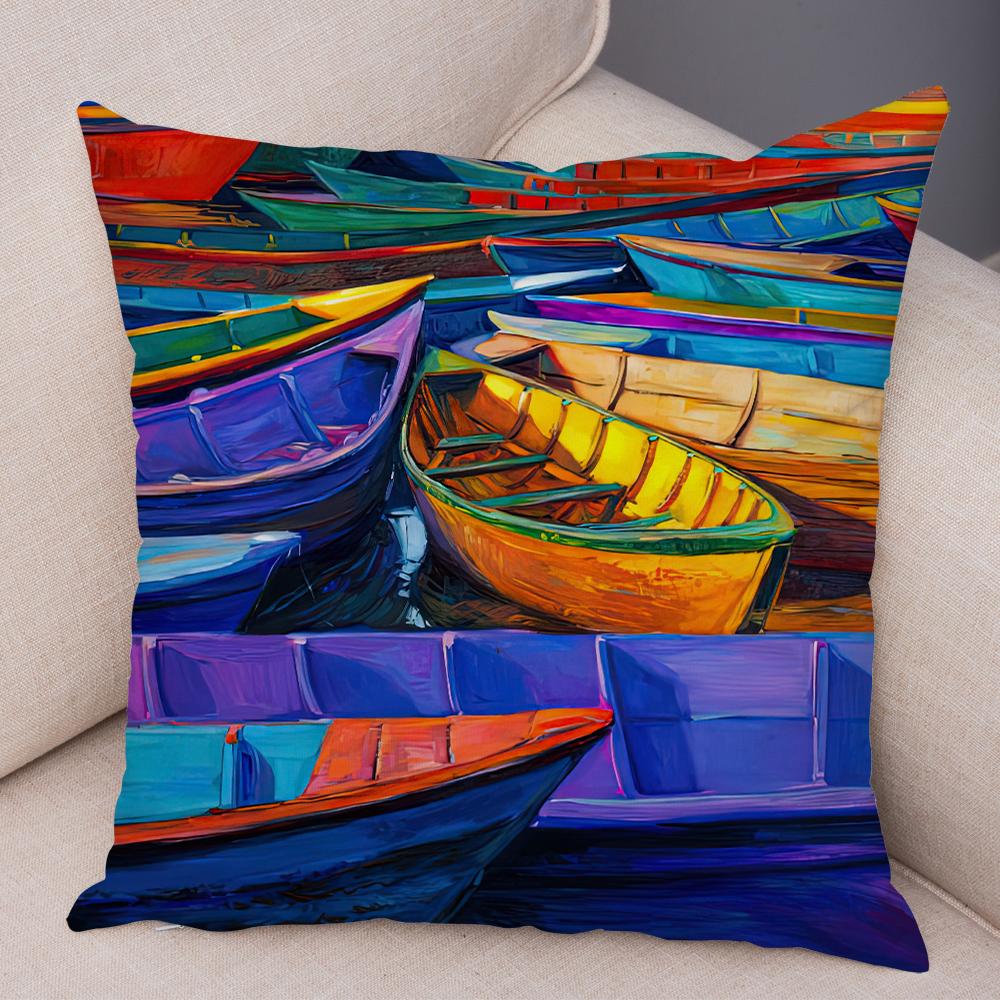 Olieverfstijl Kussenhoes Kleurrijk Landschap Boot Paard Bloemenprint Zacht Linnen Woonkamer Slaapkamer Huis Kussensloop