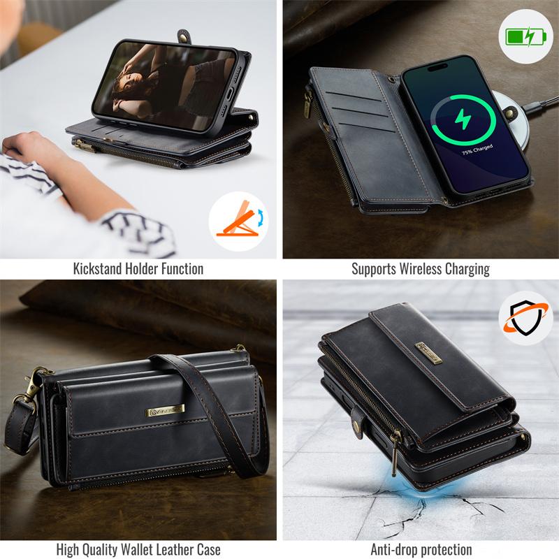 CaseMe Flip Leather Phone Case for iPhone 17 Pro Max 17E Air 16 Plus 16E 15 14 13 12 11 X XS XR SE 2022 8 Long Lanyard Zipper Wallet Multi Card Cover