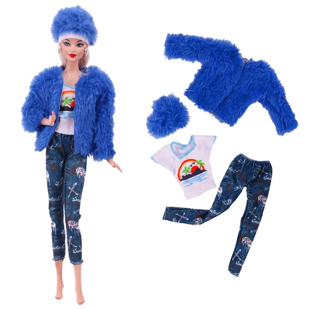 4 Pcs/Set Fur Vest Coat + Dress/Casual Outfit for 30cm 11.8 Inch Doll Clothes Accessories Plush Jacket Celebrity,Child's Gift