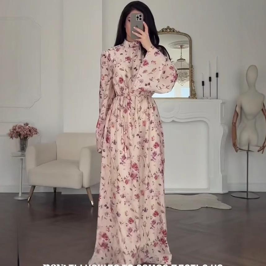 2025 Autumn Floral Trumpet Sleeve Semi-high Neck Slim Fit French Long Dress for Women