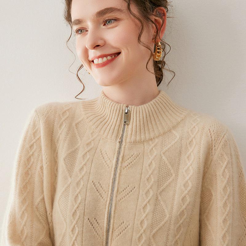 Women's Cashmere Zipper Stand Collar Cardigan - Thick, Loose, Slimming Knit Sweater Coat for Autumn & Winter