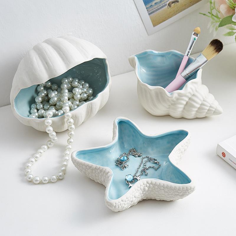 1Pcs Ceramic Jewelry Tray Conch Starfish Shape Aqua Shell Trinket Dish Ceramic Ring Earring Holder Ocean-Themed Decorative