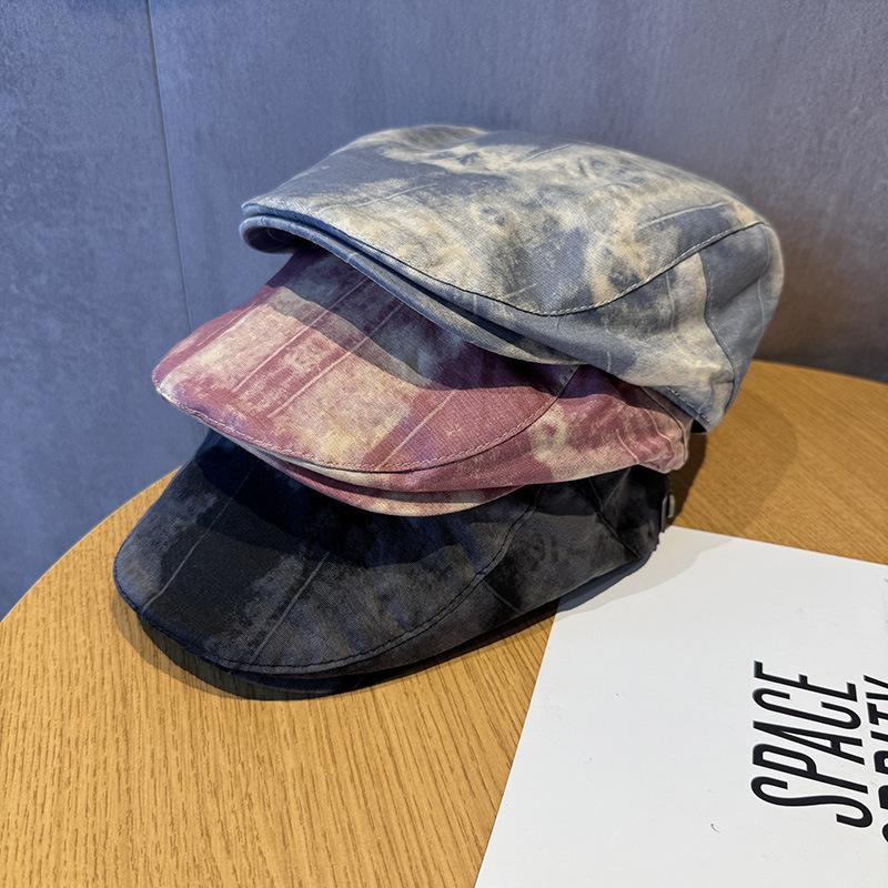 Retro tie-dye forward hat women's spring and summer versatile face small beret big head circumference reverse hat new