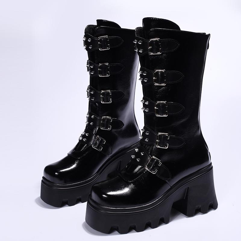 Fashion Women's New Autumn Chunky Mid-calf Boots Round Head Rivet Belt Buckle Thick Sole Anti-slip Wear-resistant High Heel Boots