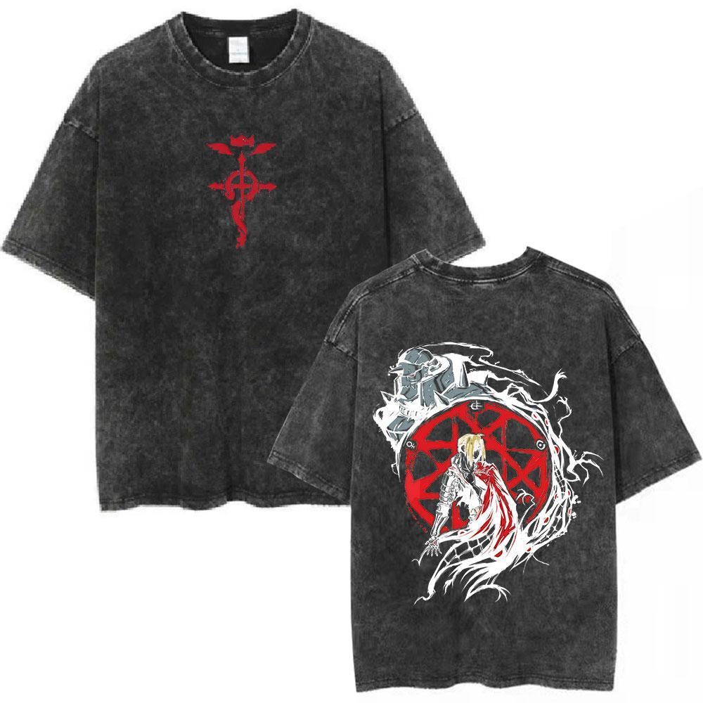 Vintage Washed Anime Fullmetal Alchemist Edward Elric Alphonse Elric TShirt Men Women Fashion Casual Cotton Oversized Tshirts
