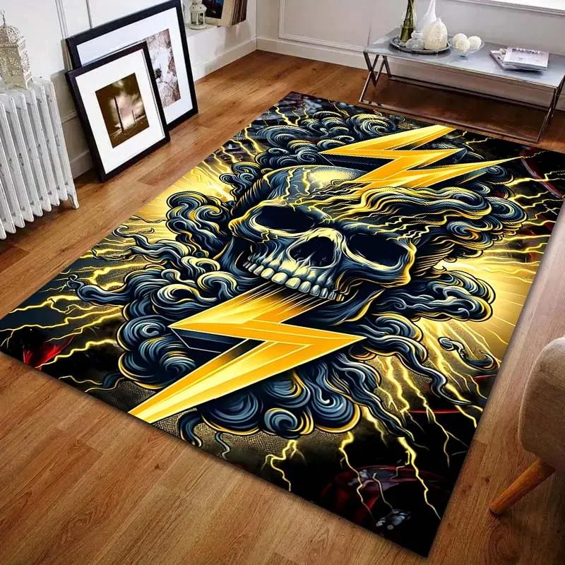 3D Printing Golden Lightning and Skull Pattern Carpet for Bedroom Living Room Bedside Sofa Floor Mat Modern Home Decor Paly Rug