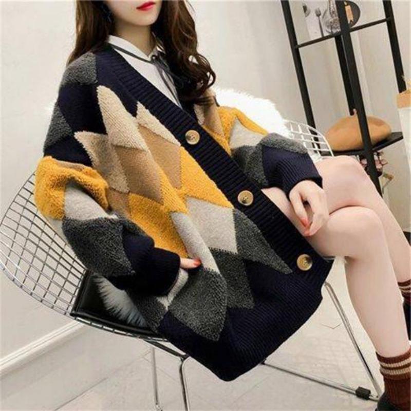 Women's Sweaters Autumn Winter Casual Plaid V-Neck Cardigans Button Cardigans Puff Sleeve Loose Sweater Coat