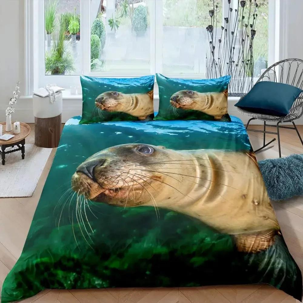 Seal Duvet Cover King Size Lovely Swimming Seal Bedding Set Cute Ocean Exotic Style 2/3pcs Marine Life Polyester Comforter Cover