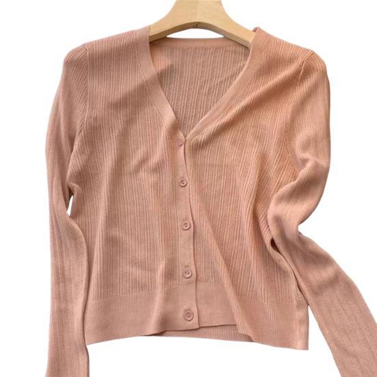 Yousheng Sun Knit Cardigan for Women Long Sleeve V-Neck Button Up Thin Ice Silk Coat Summer Ribbed Cropped Top for Outdoor Travel Work Beach