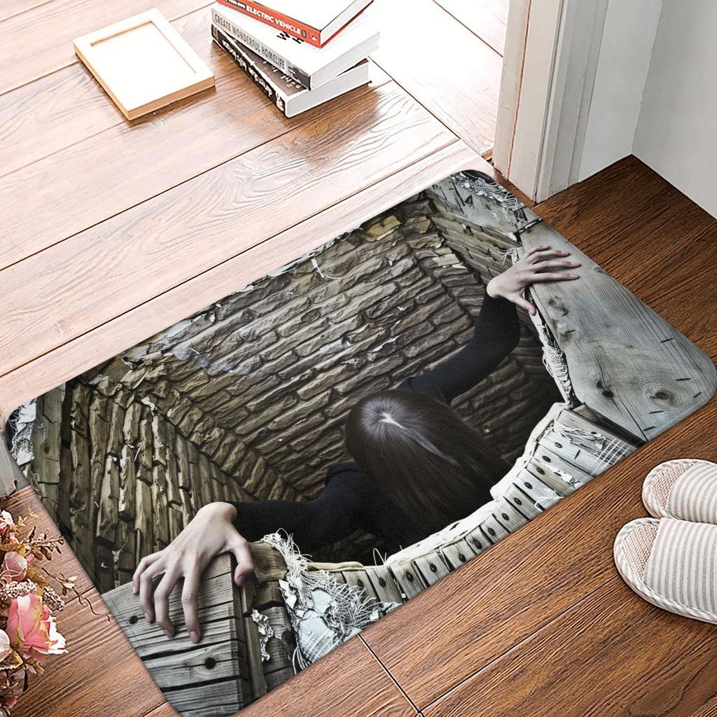 Realistischer 3D-Wolf, der aus zerrissenem Fußabtreter lugt, rutschfeste Badezimmer-Küchenmatte, Wohnzimmerboden, Eingangsbereich Teppich