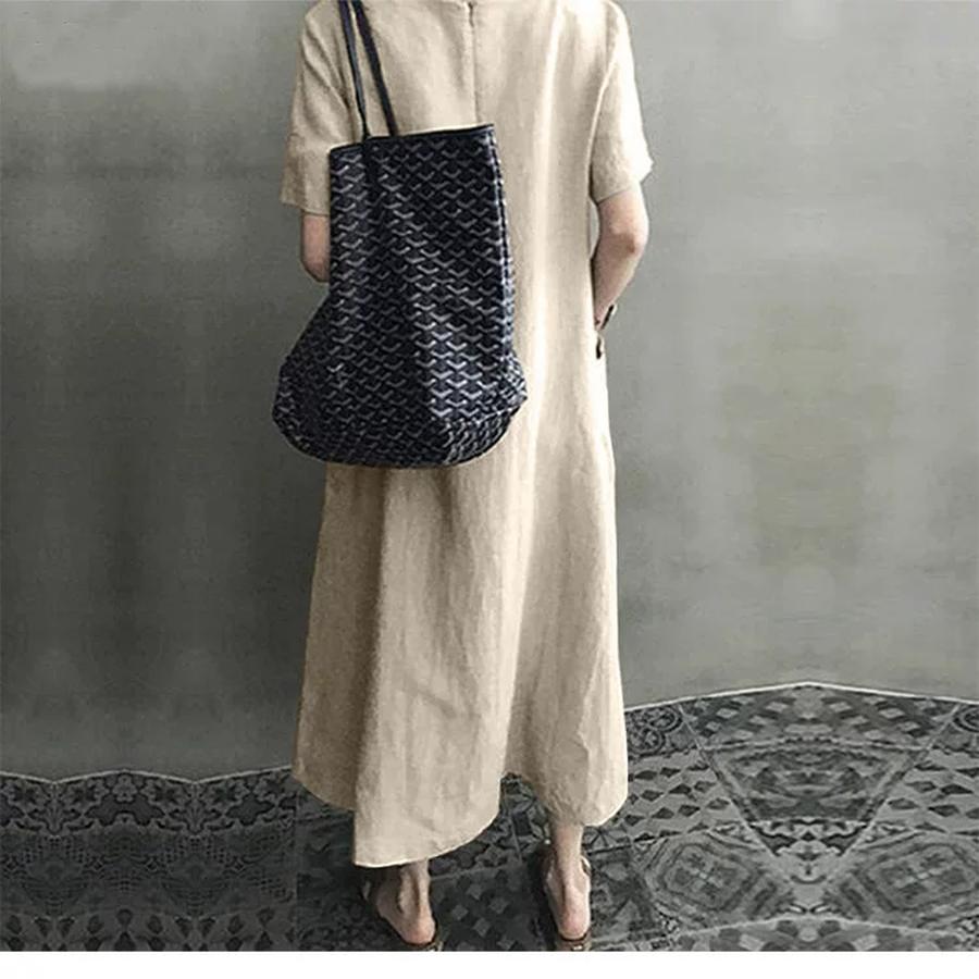 Robe Bohème d'Été Style Créatif Style Chinois Rétro pour Femmes en Coton et Lin à Col en V Lâche Coupe Trapèze