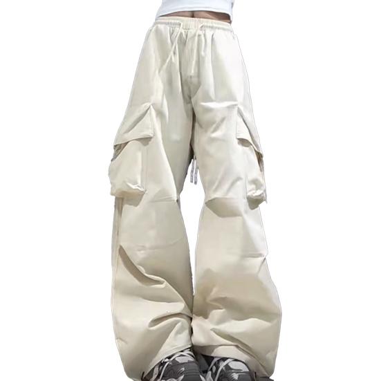 Damesbroek Elastische Taille Verstelbaar Trekkoord Wijde Pijpen Casual Broek Meerdere Zakken Ontwerp Cargo Broek