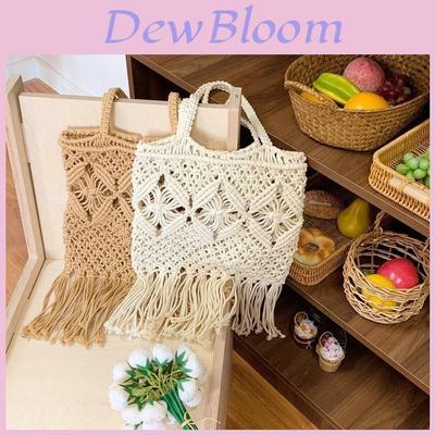 Sac Tissé Bohème Uni Grande Capacité pour Femmes Sac à Bandoulière Décontracté d'Été avec Pompons pour Plage Vacances Femmes